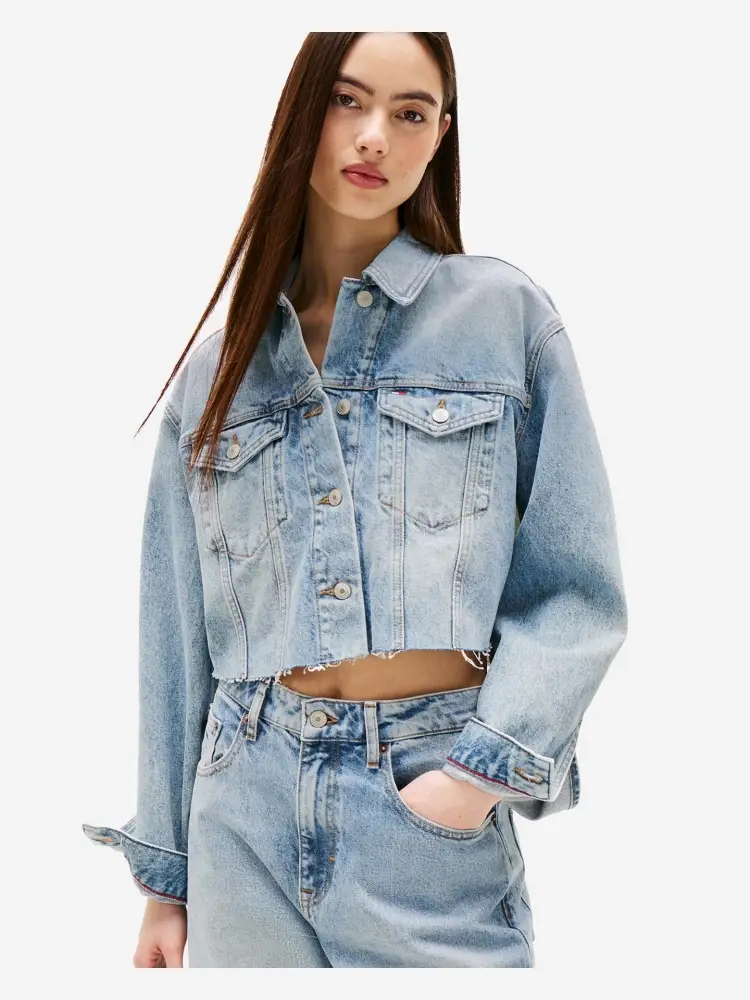 giubbotto in denim chiaro donna crop maxi logo sul retro miniatura 2