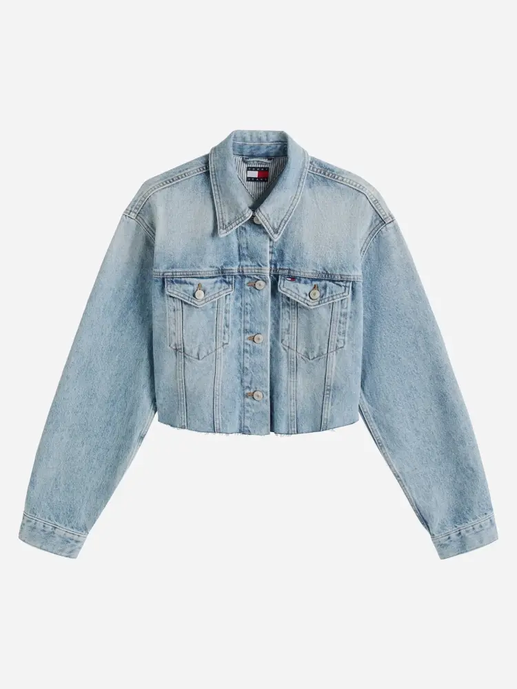 giubbotto in denim chiaro donna crop maxi logo sul retro