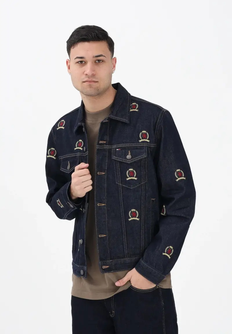 Giubbotto Ryan in denim blu scuro da uomo con ricamo stemmi miniatura 2