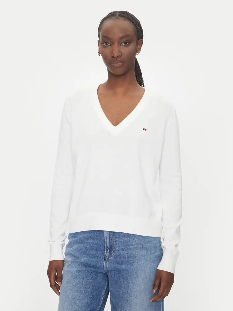 maglia bianca donna in cotone scollo a v mini logo sul petto