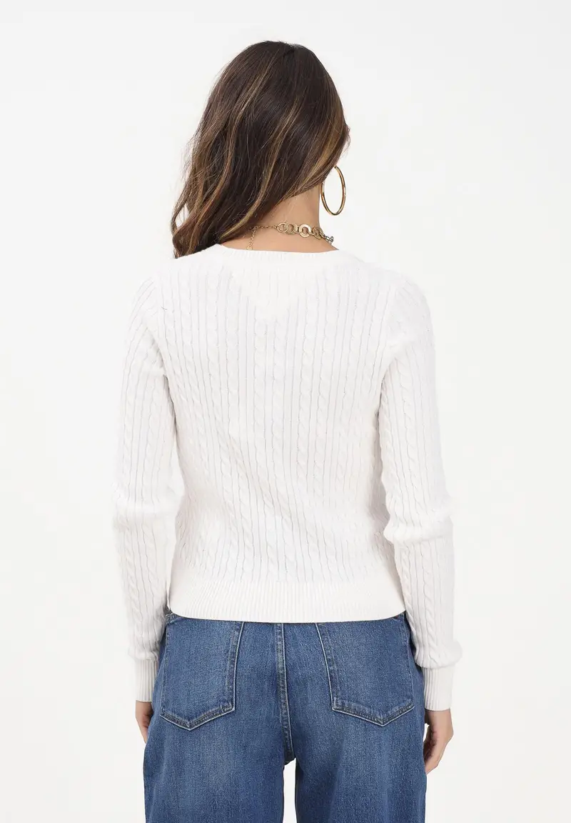 Maglia girocollo panna da donna con lavorazione intrecciata miniatura 3