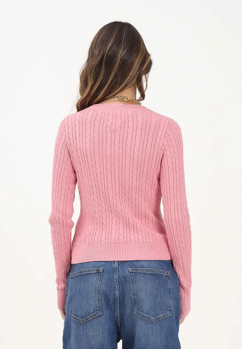 Maglia girocollo rosa da donna con lavorazione intrecciata miniatura 3
