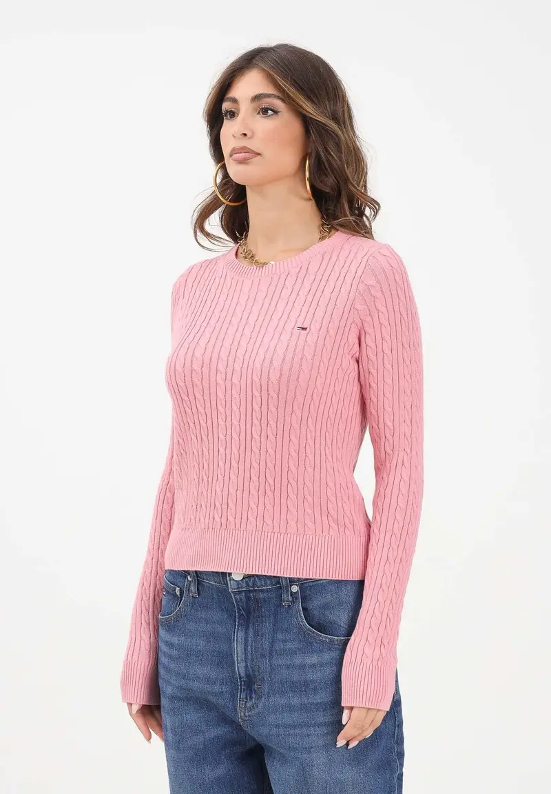 Maglia girocollo rosa da donna con lavorazione intrecciata