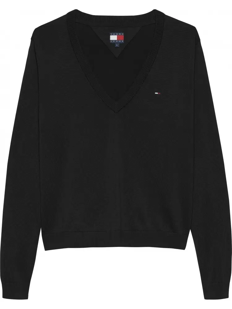 maglia nera donna in cotone scollo v mini logo sul petto