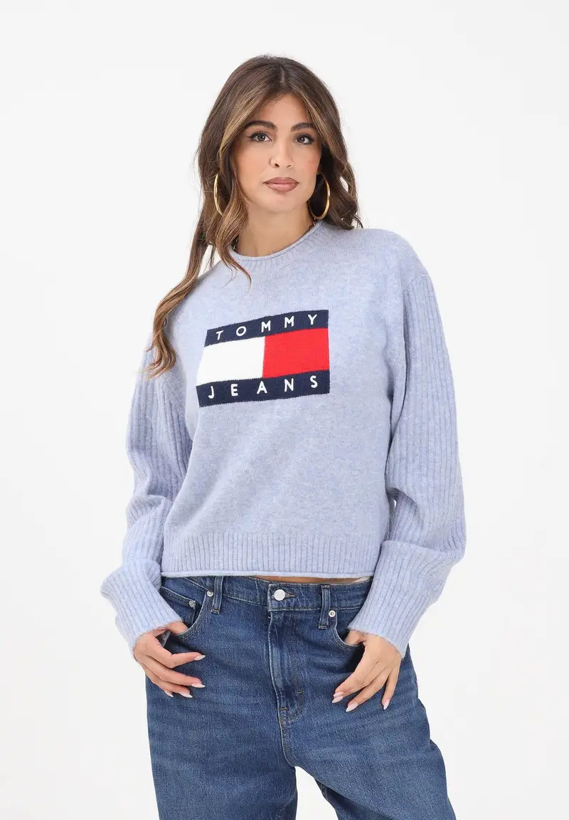 Maglioncino girocollo azzurro da donna con bandiera miniatura 2