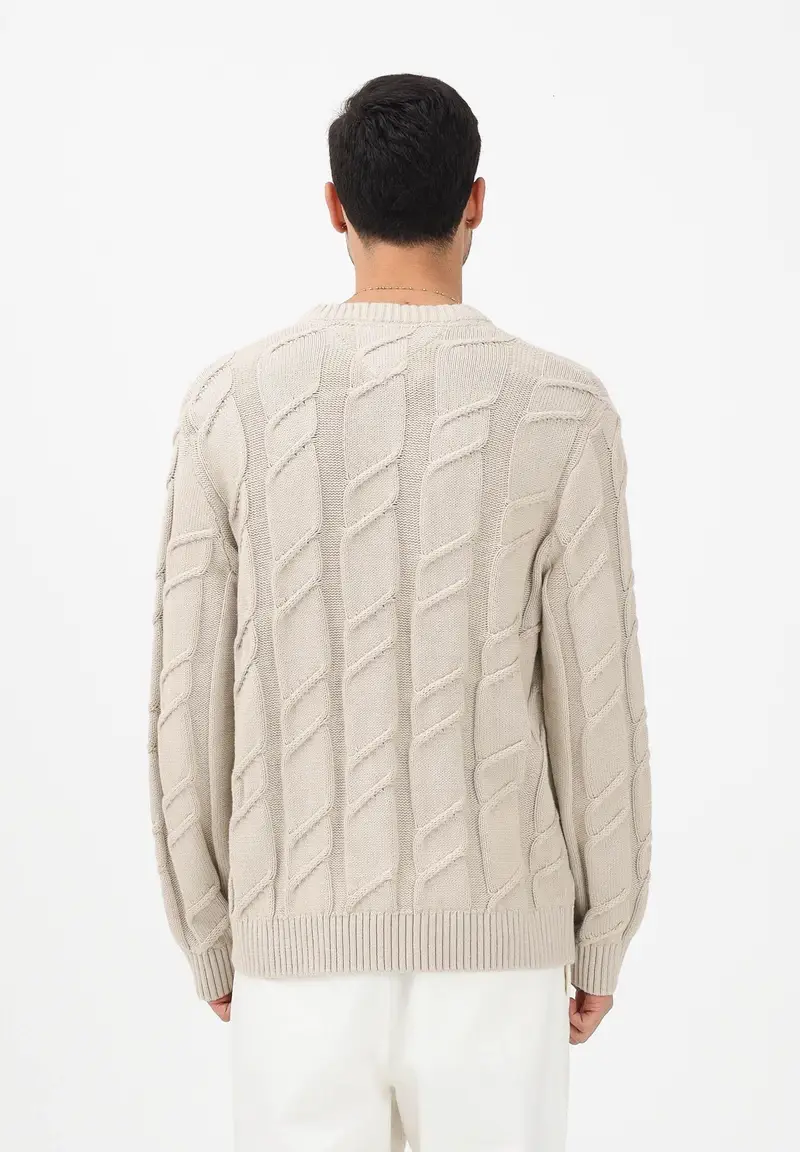 Maglioncino girocollo beige da uomo con lavorazione intrecciata miniatura 3