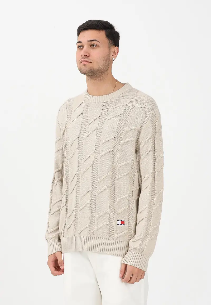 Maglioncino girocollo beige da uomo con lavorazione intrecciata