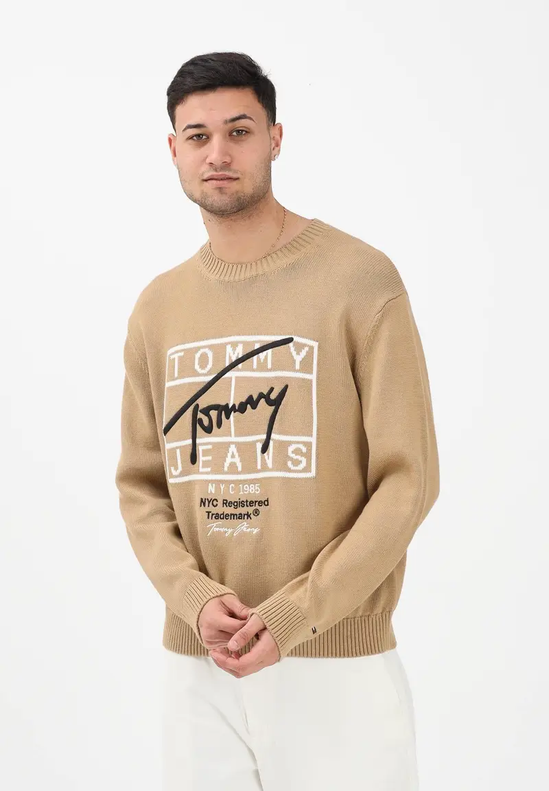 Maglioncino girocollo beige da uomo con logo miniatura 2