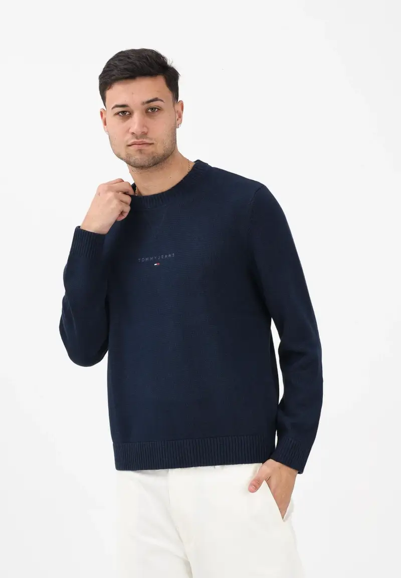 Maglioncino girocollo blu da uomo con logo miniatura 2