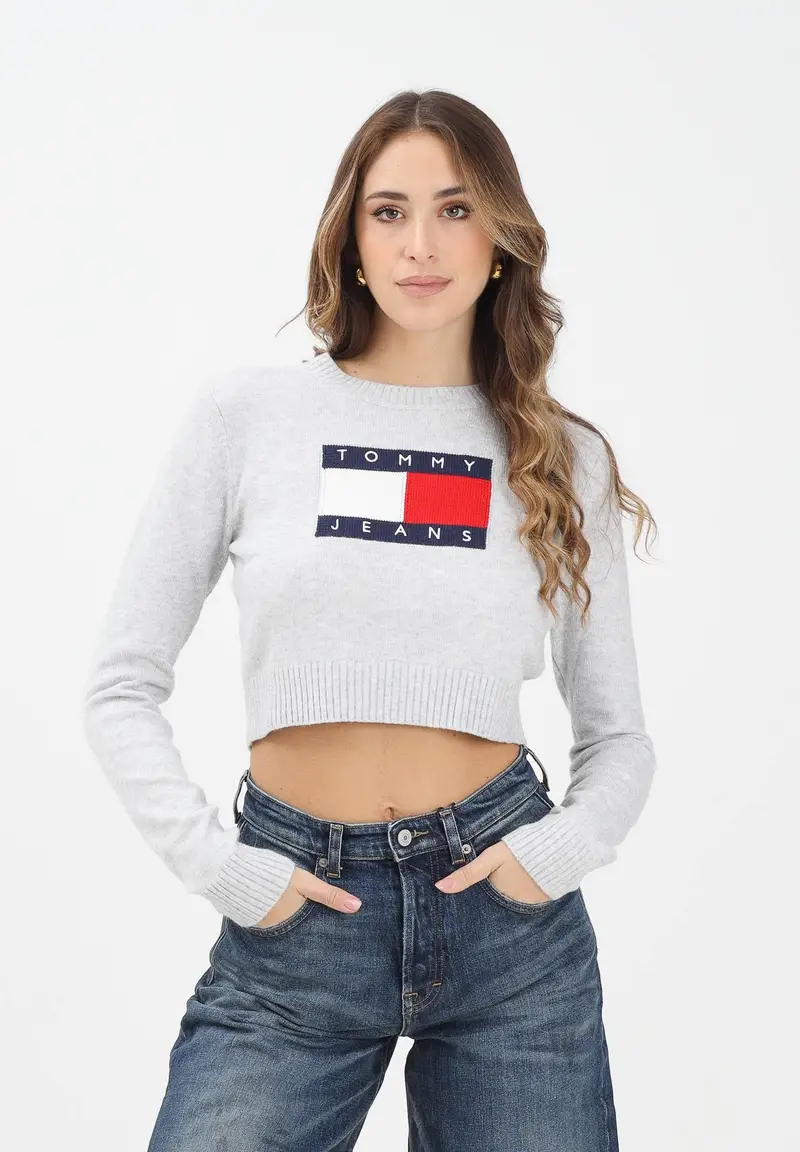 Maglioncino girocollo grigio da donna con ricamo logo miniatura 2