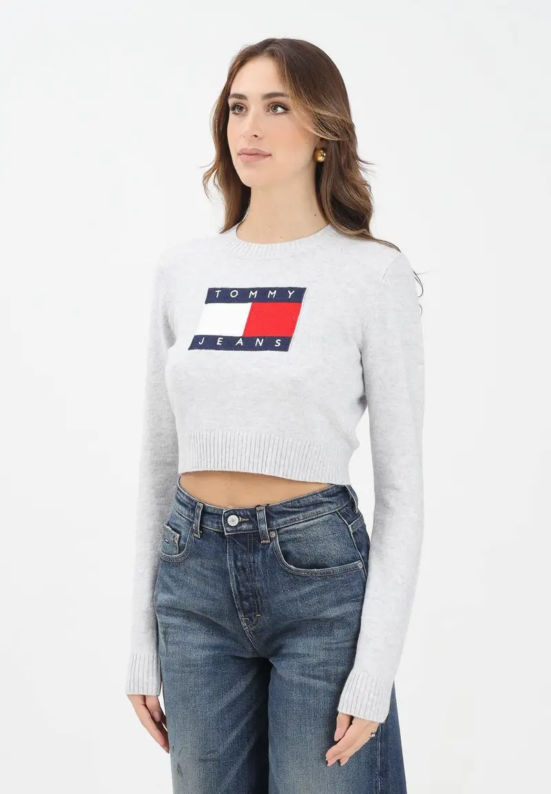 Maglioncino girocollo grigio da donna con ricamo logo