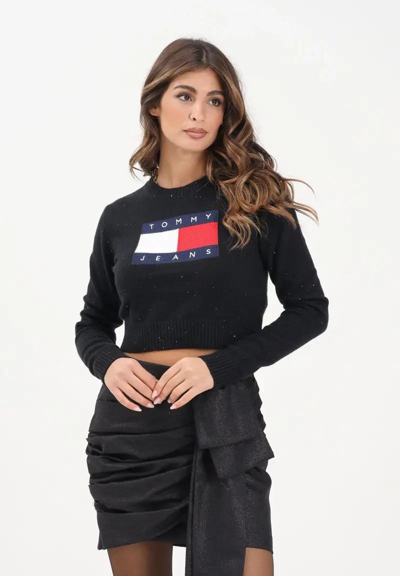 Maglioncino girocollo nero da donna con logo miniatura 2