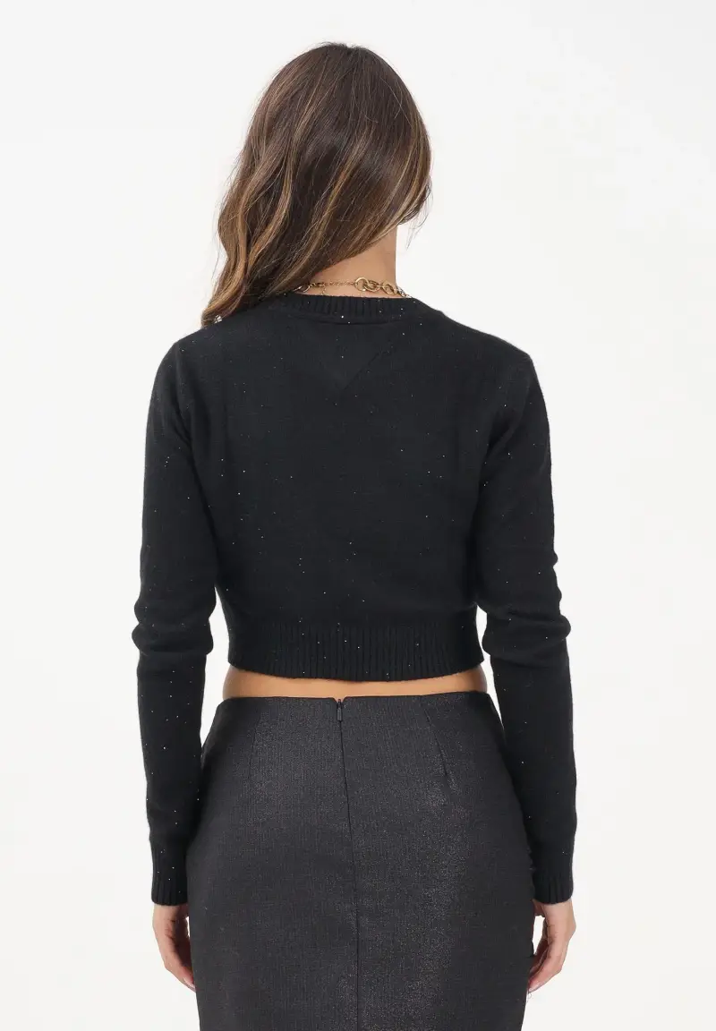 Maglioncino girocollo nero da donna con logo miniatura 3