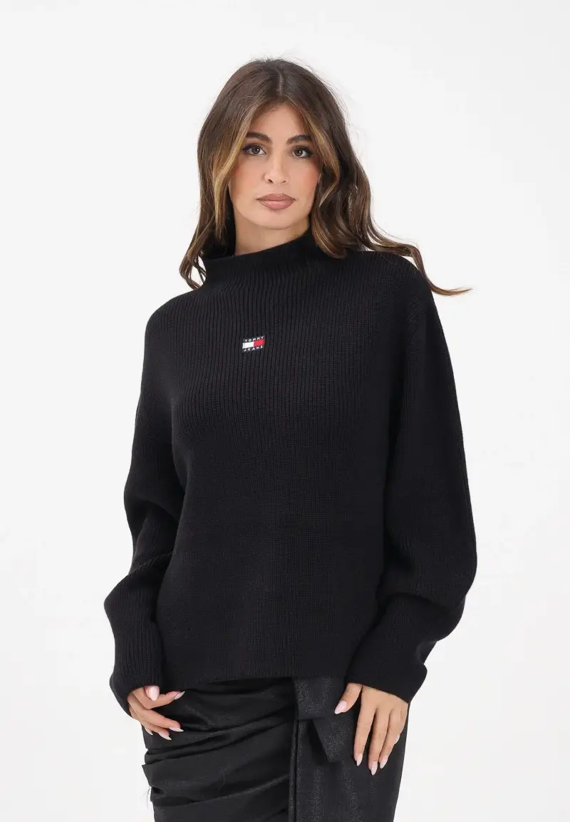 Maglioncino girocollo nero da donna con ricamo logo miniatura 2