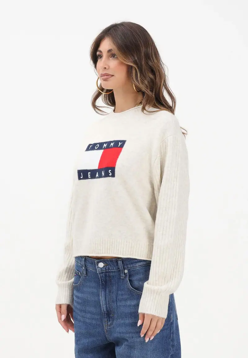 Maglioncino girocollo panna da donna con bandiera