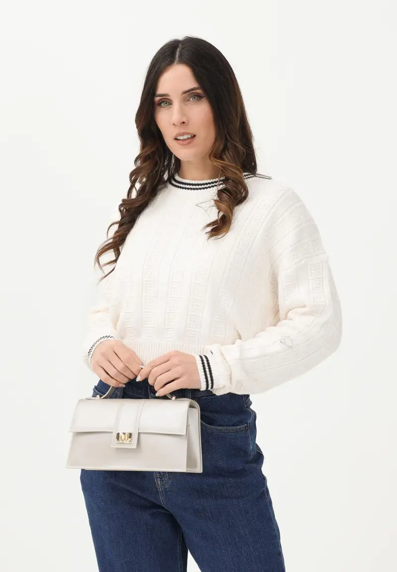 Maglioncino girocollo panna da donna con logo all-over miniatura 2