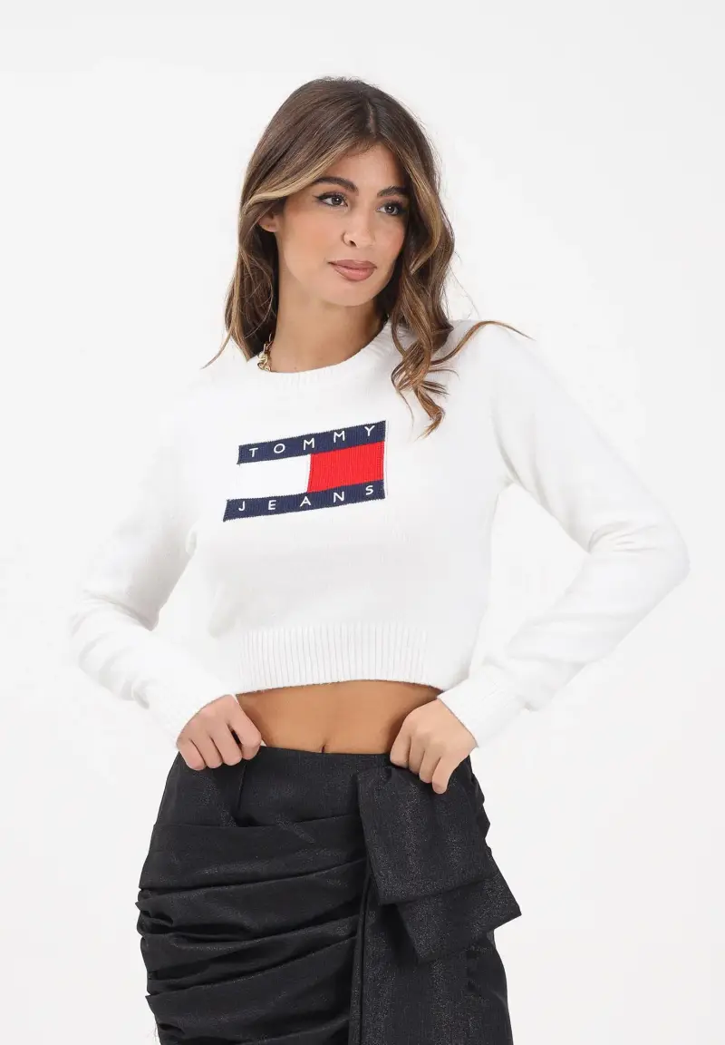 Maglioncino girocollo panna da donna con logo miniatura 2