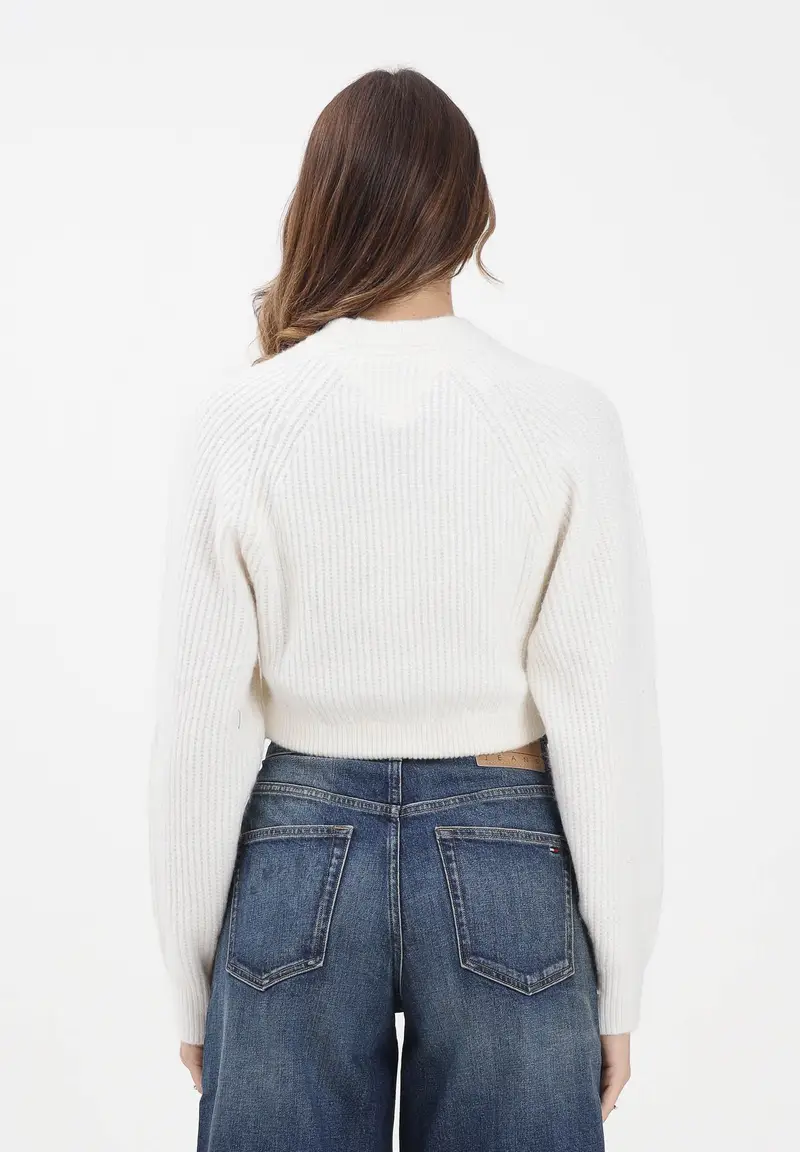 Maglioncino girocollo panna da donna con logo miniatura 3