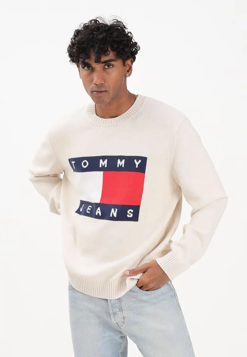 Maglioncino girocollo panna da uomo con logo miniatura 2