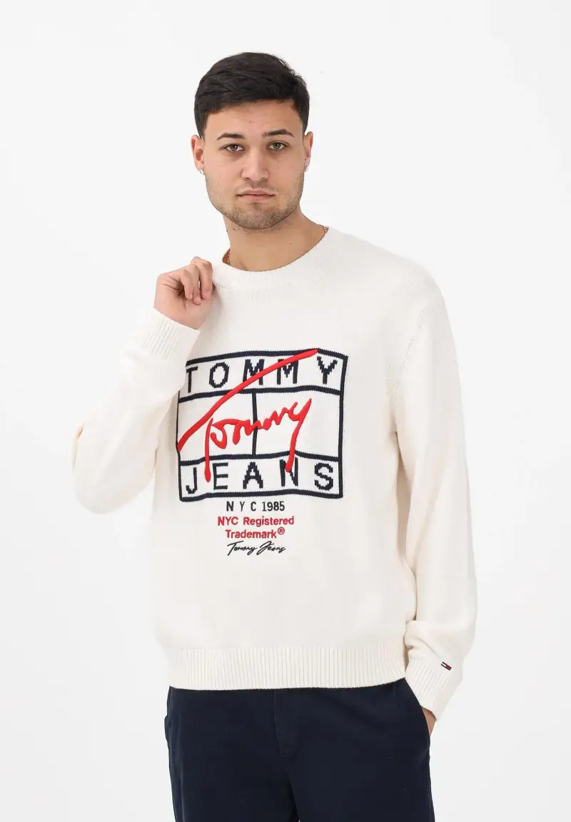 Maglioncino girocollo panna da uomo con logo miniatura 2