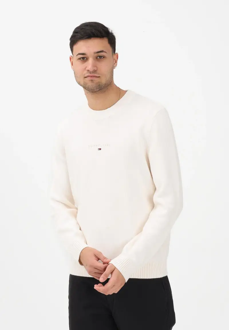 Maglioncino girocollo panna da uomo con logo miniatura 2