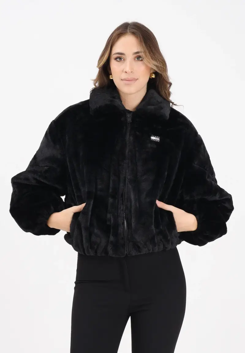 Pelliccia sintetica nera da donna con logo miniatura 2