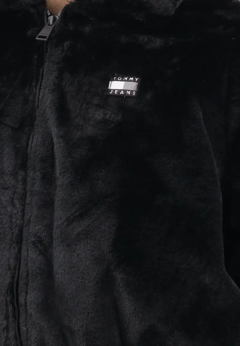 Pelliccia sintetica nera da donna con logo miniatura 3