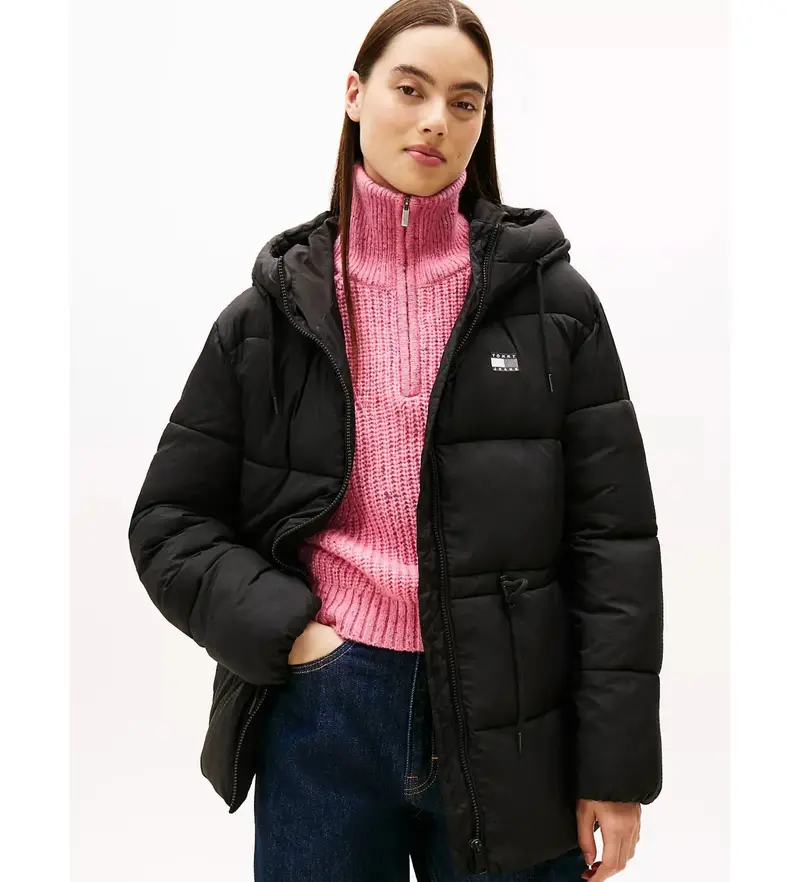 per donna. DW0DW21626 Giacca imbottita midi con cappuccio nera (L), Nero, Casual, Nylon