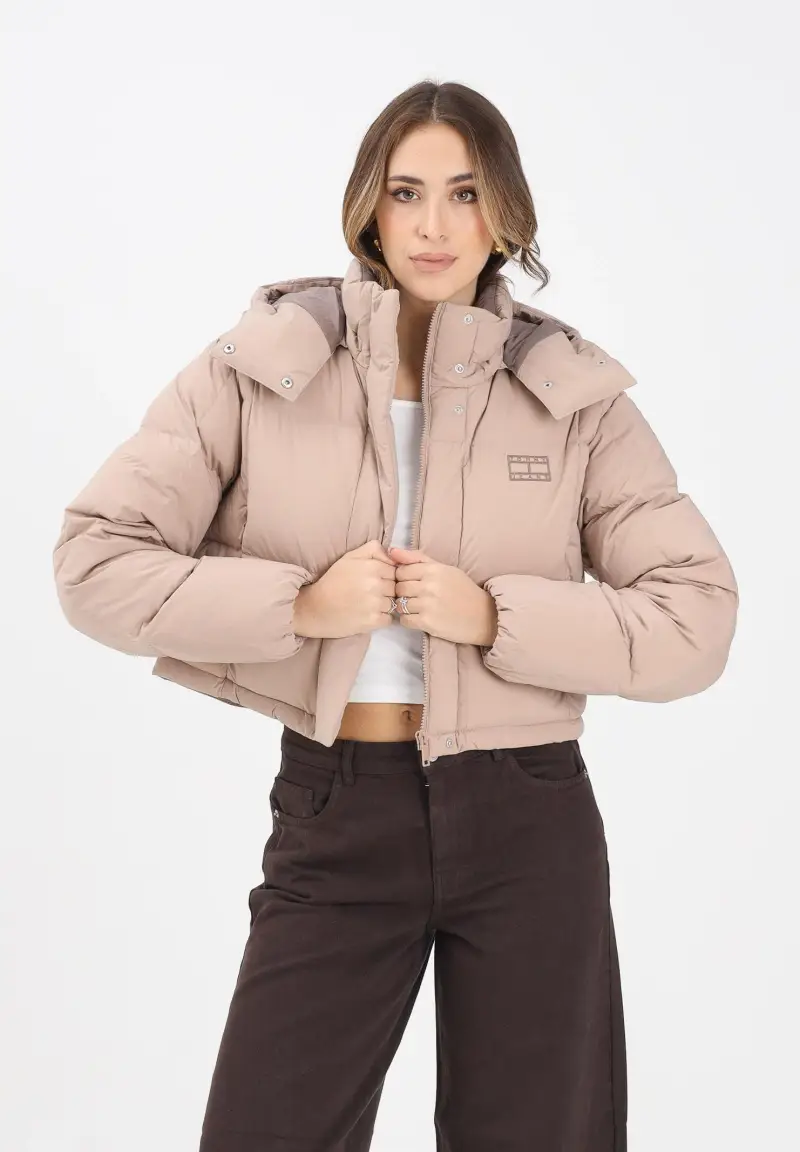 Piumino beige da donna con logo miniatura 2