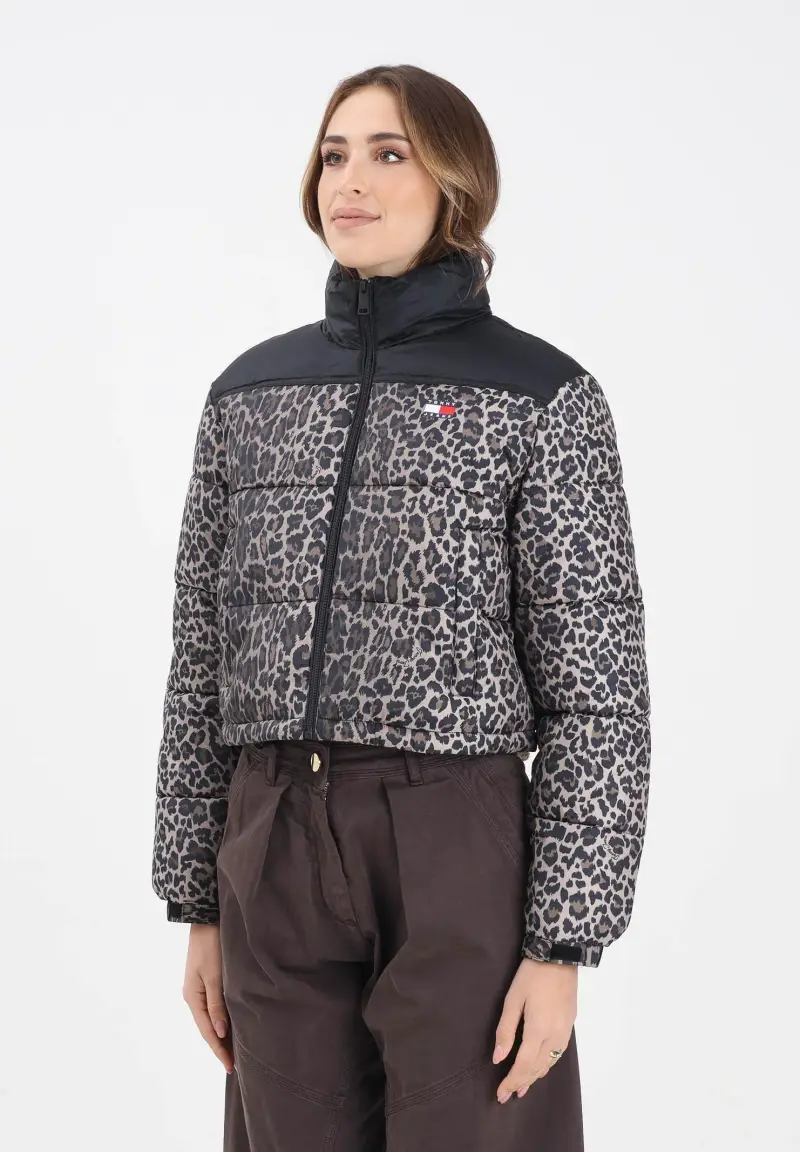 Piumino Leopard Ripstop Relaxed Cropped nero da donna