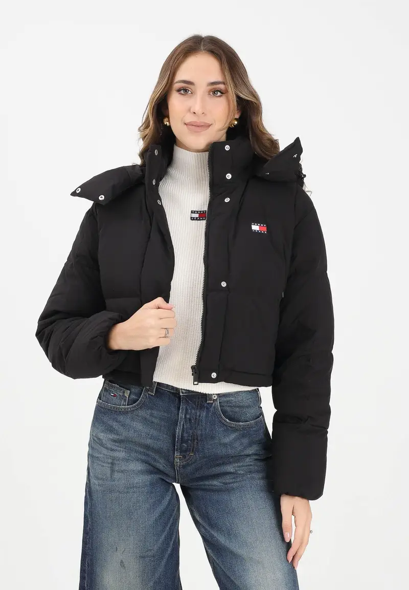 Piumino nero da donna con logo miniatura 2