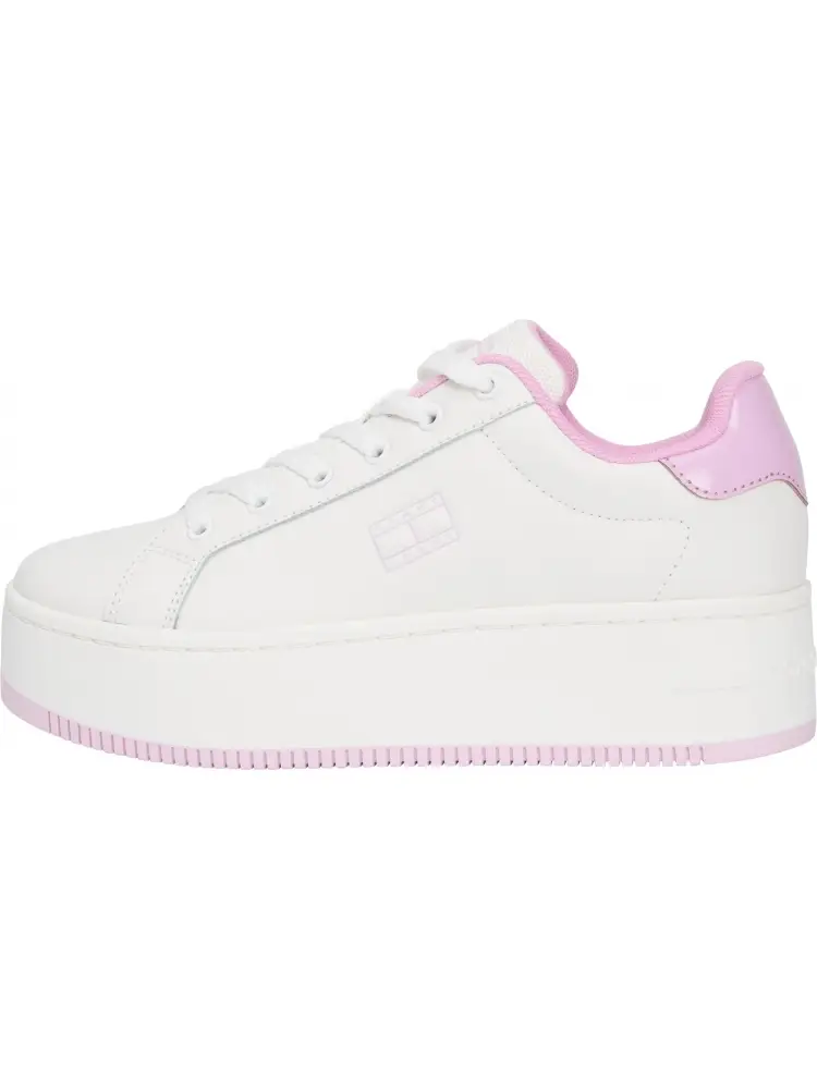 scarpe bianche donna in ecopelle dettagli rosa suola alta logo sul lato