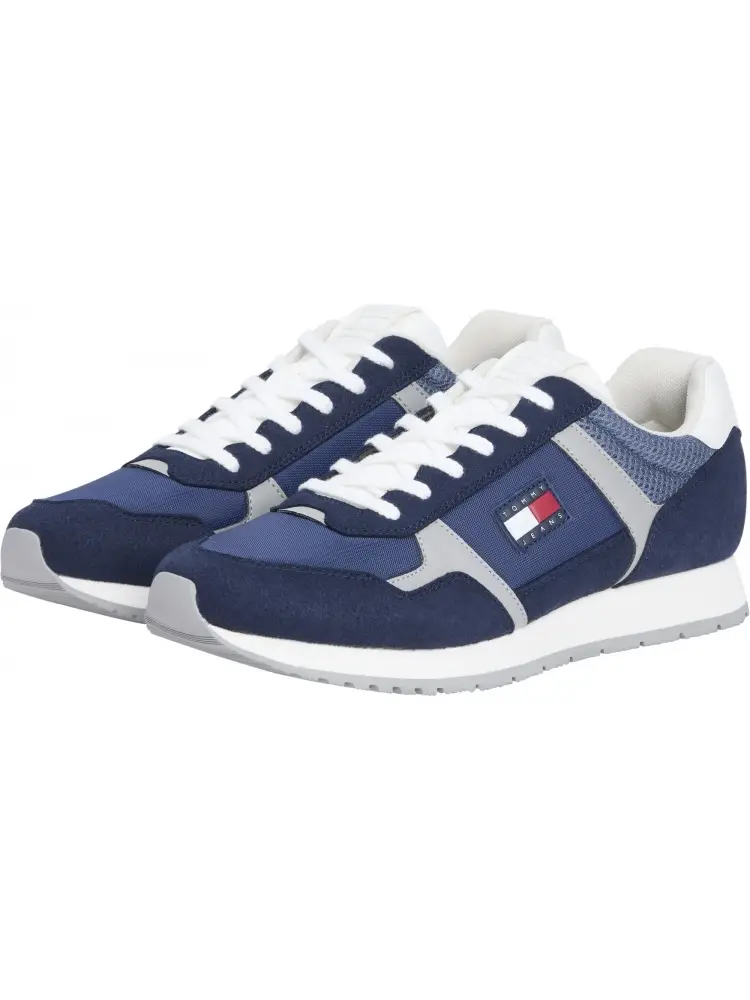 scarpe blu navy uomo in tessuto logo sul lato miniatura 2