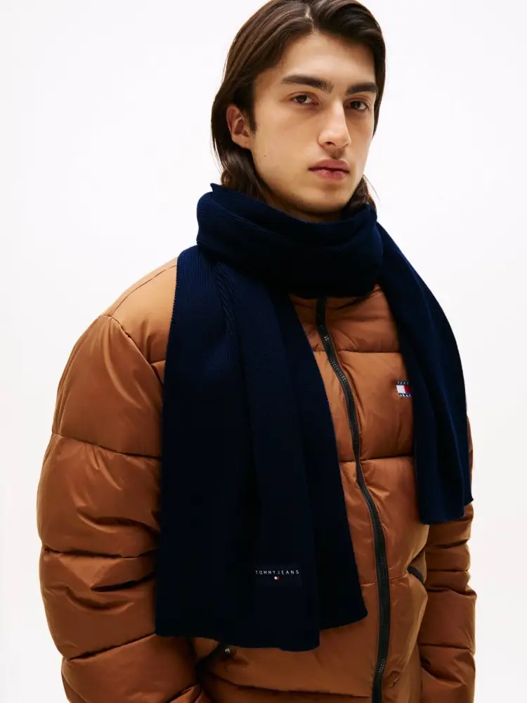 sciarpa blu navy uomo in cotone patch logo sul davanti miniatura 2