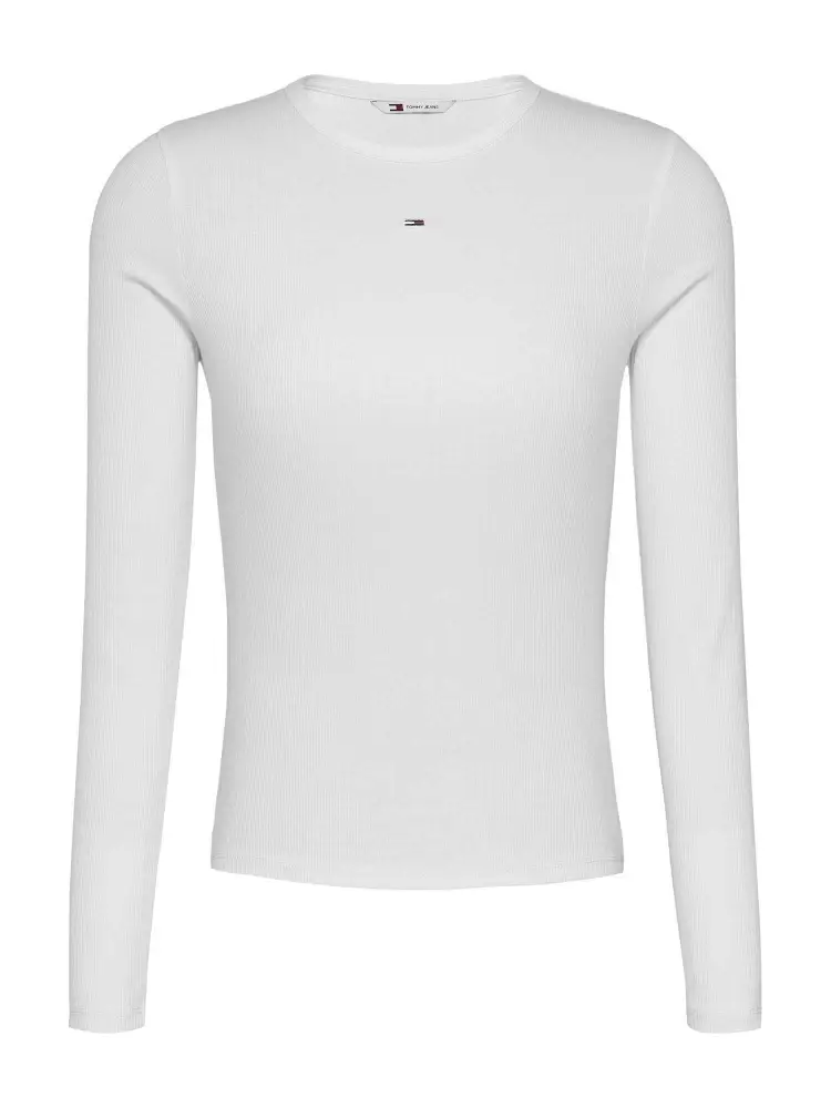 tshirt bianca donna in cotone manica lunga a costine logo sul petto