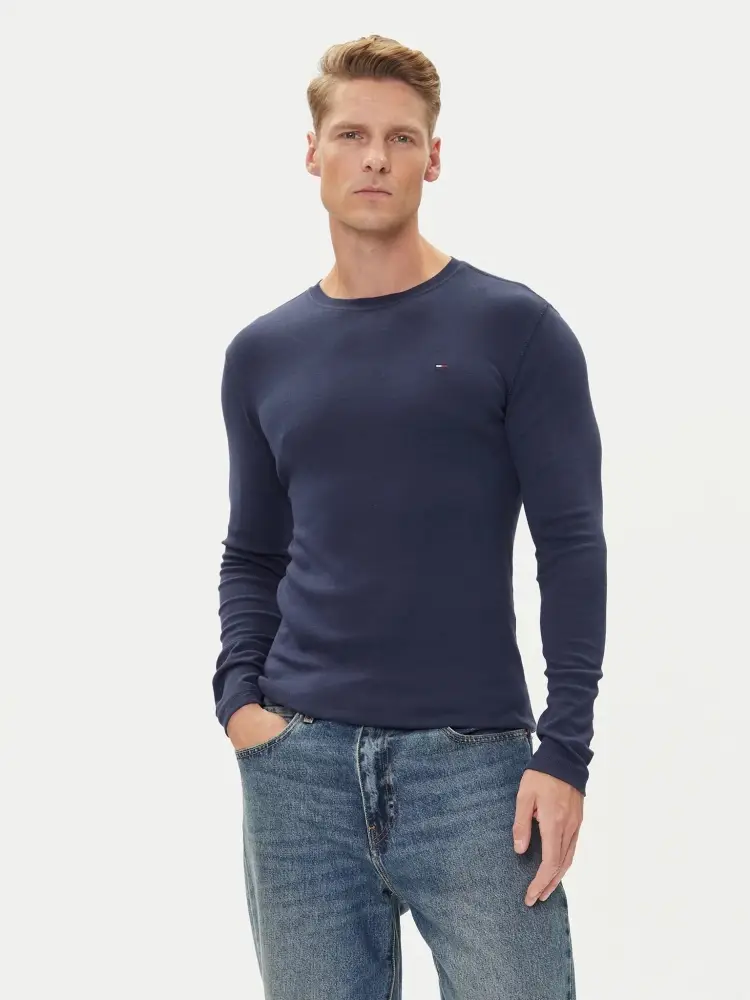 tshirt blu navy uomo in cotone manica lunga mini logo sul petto