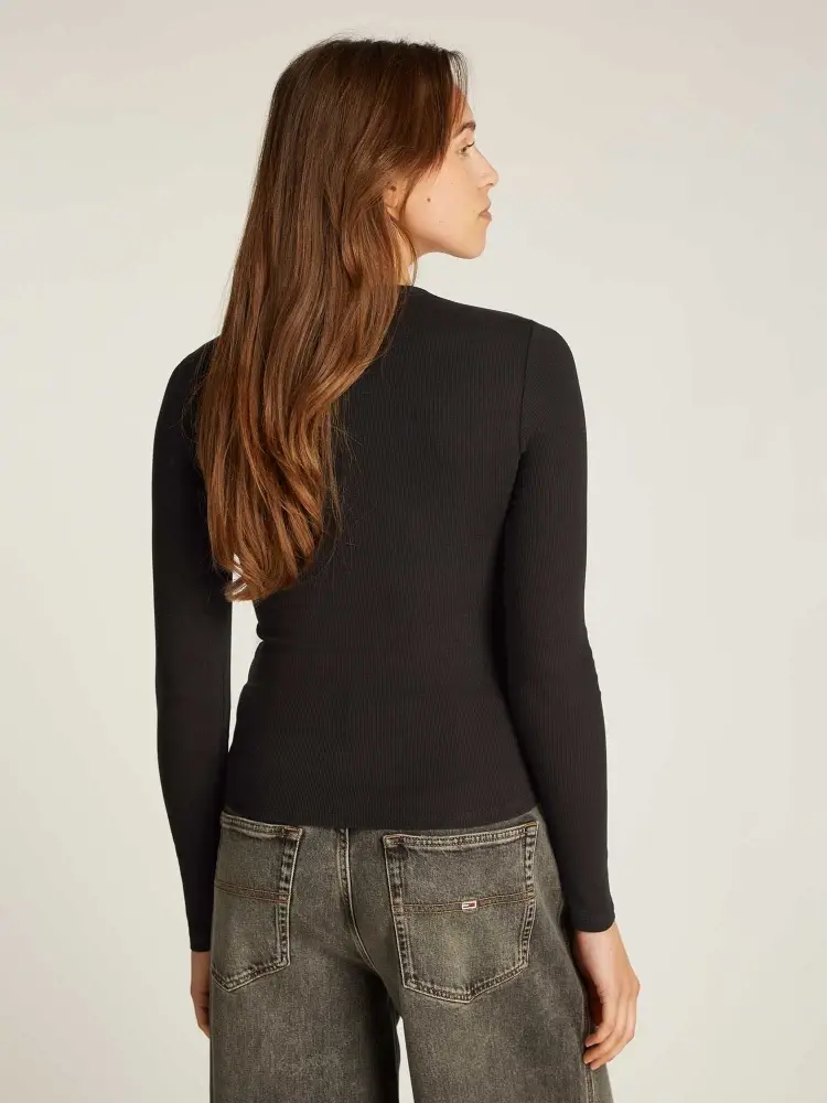 tshirt nera donna in cotone manica lunga a costine logo sul petto miniatura 3
