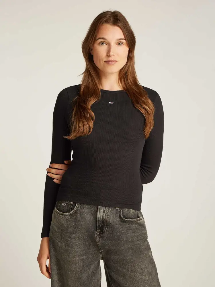 tshirt nera donna in cotone manica lunga a costine logo sul petto