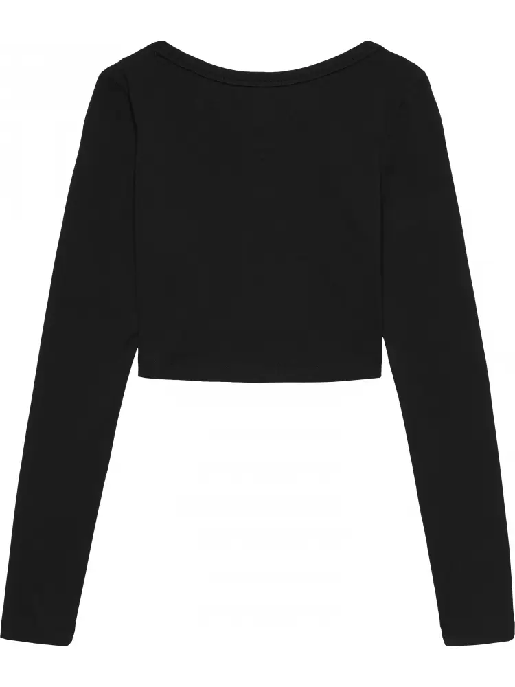 tshirt nera donna in cotone manica lunga crop logo sul davanti miniatura 2