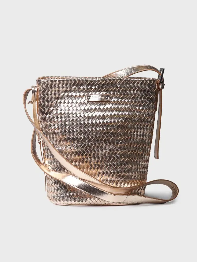 Borsa a secchiello in pelle intrecciata con tracolla regolabile | SALLY PLATINO
