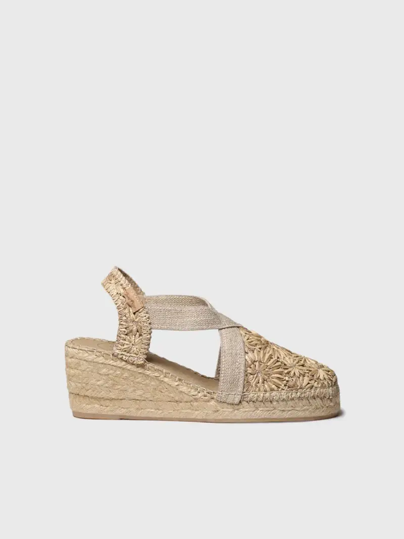 Espadrilla con zeppa in rafia a fiori | TERRA-RF TOSTADO