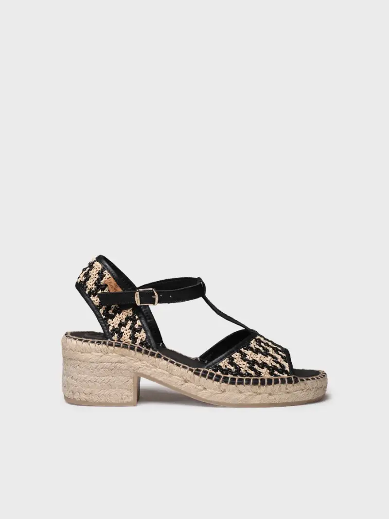 Espadrillas con tacco basso da donna in rafia e pelle | DONATA-RP NEGRO