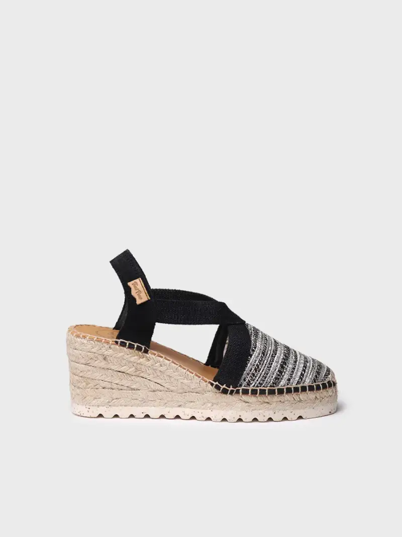 Espadrillas con zeppa media in tessuto multicolore con finitura brillante NERO