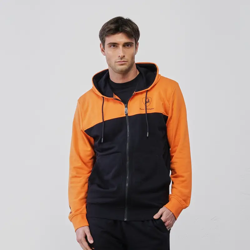 Felpa blu e arancione da uomo con cappuccio e zip