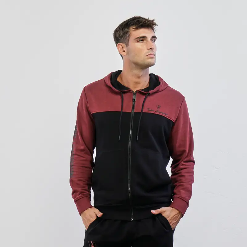 Felpa nera e rossa bordeaux con cappuccio chiusura zip e tasche