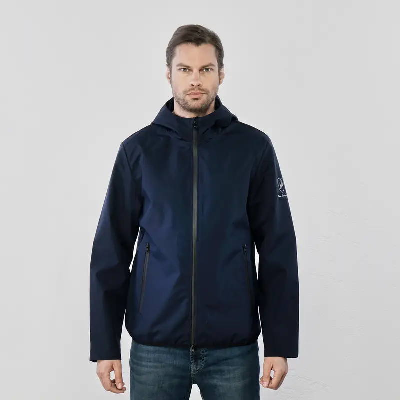 Giacca blu leggera con zip e cappuccio