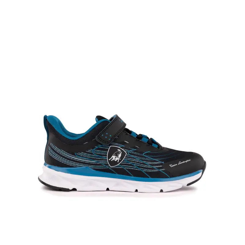 Sneakers running blu e nere da bambino con stemma laterale e dettagli a contrasto