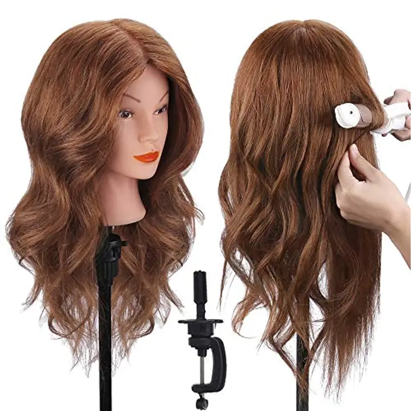 TopDirect 18" 100% veri capelli Testina Parrucchiere Testa Studio Parrucchiere Manichino Cosmetologia Formazione Parrucchiere Pratica Modello Capelli con Morsetto + Acconciature per Capelli