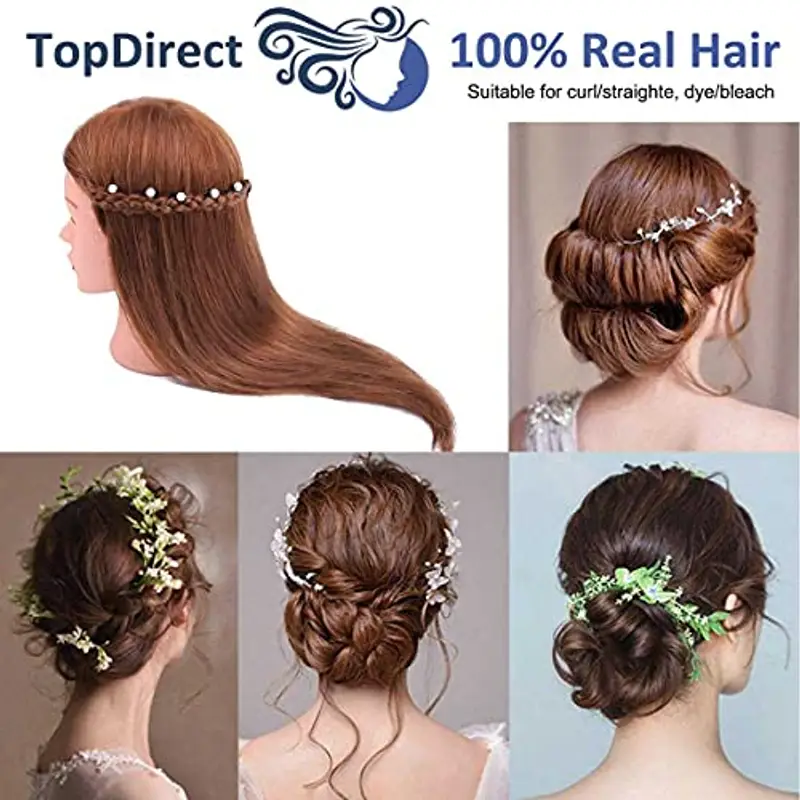 TopDirect 18" 100% veri capelli Testina Parrucchiere Testa Studio Parrucchiere Manichino Cosmetologia Formazione Parrucchiere Pratica Modello Capelli con Morsetto + Acconciature per Capelli miniatura 2