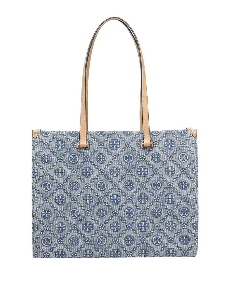 Borsa tote in denim con monogramma T blu